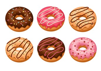 Delicious Donuts Collection Variety of Iced Doughnuts, Sprinkles and Chocolate Glaze Designs, Bakery Treats.