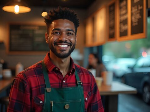 smiling young man in what appears to be a cafe or restaurant setting. He's wearing a red and black checkered flannel shirt with a green apron - Powered by Adobe