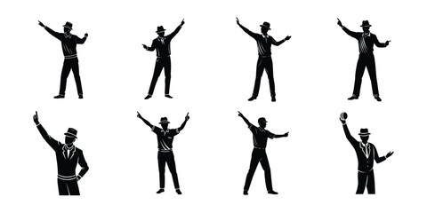 Collection of cricket umpire silhouettes making signals isolated on white background
