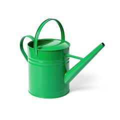 A bright green metal watering can with a handle and spout isolated on a clean white background isolated on white background