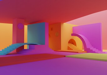 Abstract 3D Render Colorful Architecture and Interior Design, Staircase, Arch, Geometric Shapes.