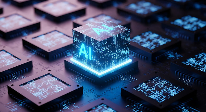 Vector art of artificial intelligence cube glowing on computer chips, representing future tech