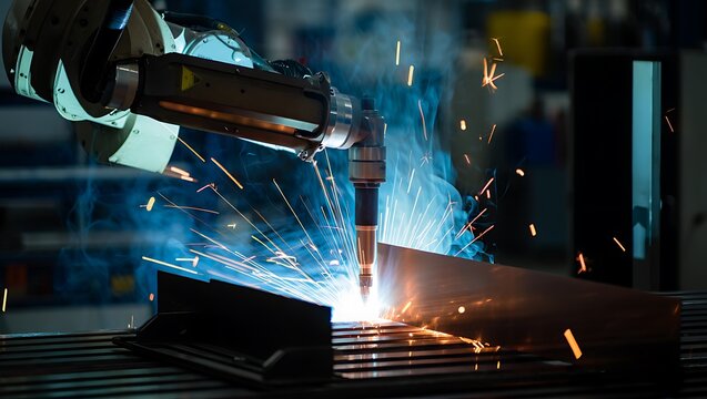 Close-up of an automated robotic arm performing precise arc welding with vibrant sparks in a manufacturing factory.