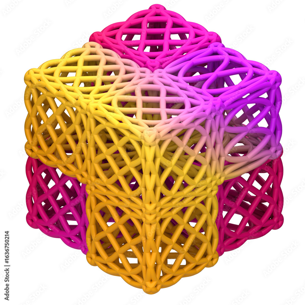 Poster complex geometric lattice cube illustration. abstract 3d shape with a colorful pink and yellow gradi