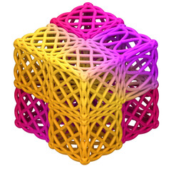 Complex geometric lattice cube illustration. Abstract 3D shape with a colorful pink and yellow gradient. © dzulvikar