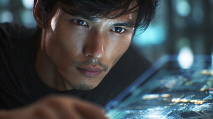 Focused Asian Engineer Analyzing Advanced Futuristic Technology Screen in Modern Setting