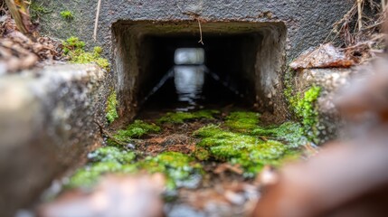 Water Flowing Through Storm Drain Surrounded by Green Moss