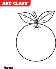 Black and white outline drawing of an orange fruit with two leaves, designed for kids’ coloring activities. Perfect for educational materials, art classes, printable worksheets, and creative learning 