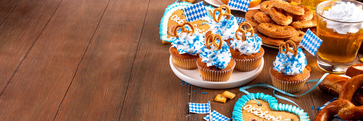 Oktoberfest festive food, with various snacks and desserts
