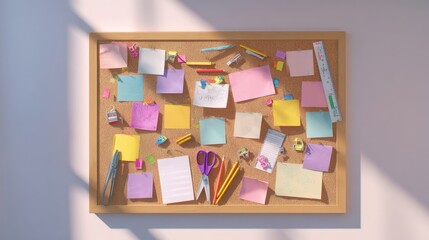 Colorful office supplies and sticky notes on a cork board in sunlight
