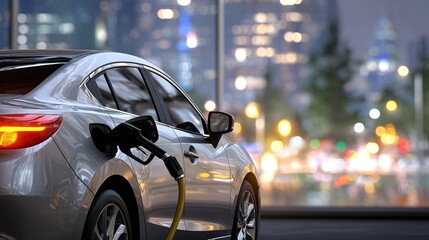 Sleek Modern Biofuel Car Filling Up at Urban Gas Station at Night