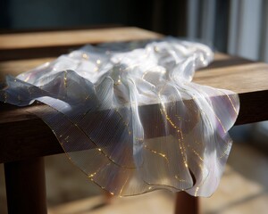 High-Tech Fabric with Elegant Design Draped Over Wooden Table in Sunlight