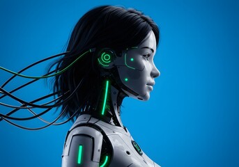 Futuristic Cyberpunk Portrait AI Woman with Tech Wires, Glowing Neon Details and Blue Background.