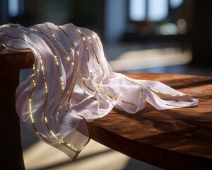 Elegant High-Tech Fabric with Embedded Lights Draped Over Wooden Table