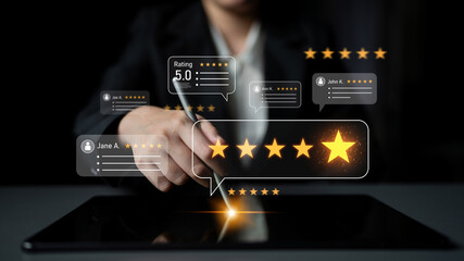 Customer centric review and rating system supports product review, digital rating concept, and...