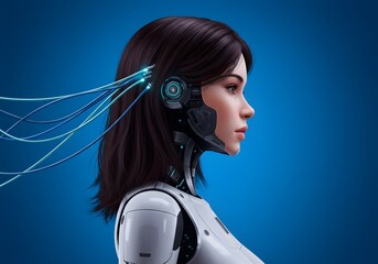 Futuristic Woman Cyborg Profile Artificial Intelligence, AI, Digital Enhancement, Bionic, Robotic, Future Technology, Portrait.