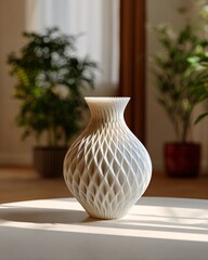 Elegantly Designed 3D-Printed Vase Displayed in Sunlit Room with Greenery