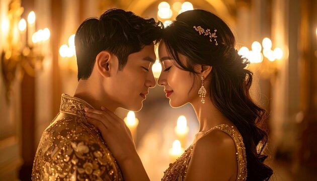 Elegant Couple Embracing in Golden Light Formal Attire