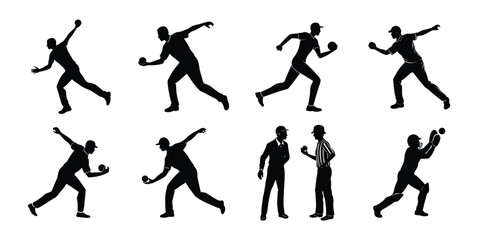 Collection of cricket player silhouettes in various action poses, isolated on white background