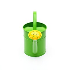 A bright green metal watering can with a yellow sprinkler head and handle isolated on white background