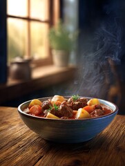 Hearty Winter Stew in Rustic Kitchen Setting With Steaming Hot Ingredients