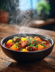 Steaming Hearty Winter Stew with Vegetables in Rustic Bowl on Wooden Table