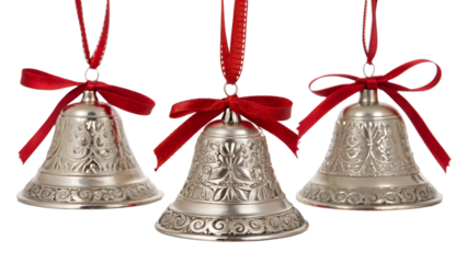 Three silver christmas bells with red ribbons isolated on transparent background, perfect for adding a festive touch to any holiday design
