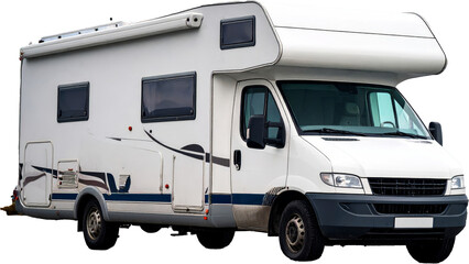 Camper van parked on asphalt under cloudy sky representing travel and freedom