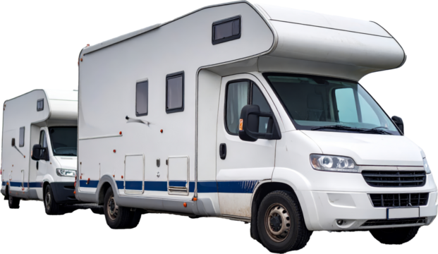 Two white camper vans parked in parking lot on cloudy day