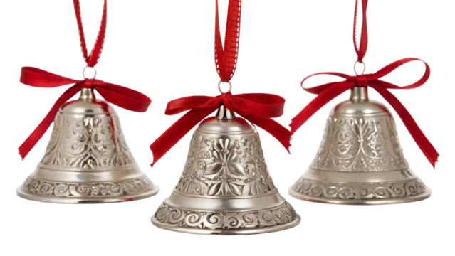 Three silver christmas bells with red ribbons isolated on transparent background, perfect for adding a festive touch to any holiday design