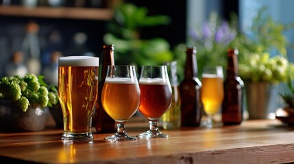Variety of Beers and Fresh Hops on a Rustic Wooden Table Setting