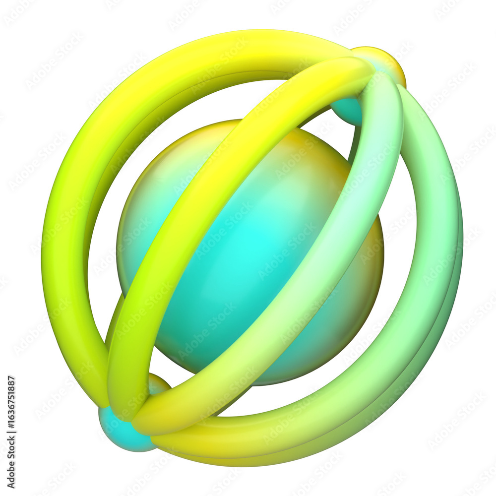 Poster an abstract 3d rendering of a spherical core with orbiting rings. a conceptual graphic symbolizing a