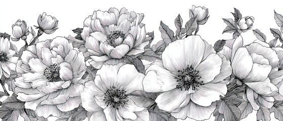 Detailed black and white floral line art
