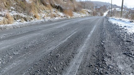 Naklejka premium Winter Road with Gravel Surface and Snowy Landscape in Background