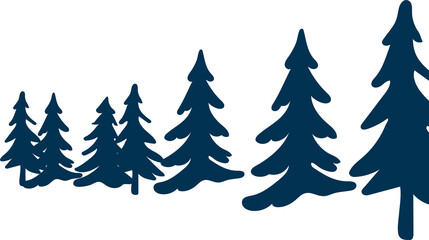 Row of dark blue tall pine tree silhouettes. Forest landscape element for christmas and winter holiday decoration. Nature and plant illustration.
