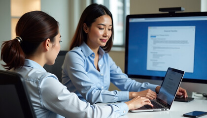 Colleagues collaborating on business document using laptop and desktop computer in modern office setting with copy space