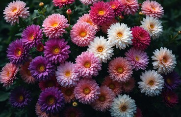 Vibrant bed of multicolored chrysanthemums in full bloom with surrounding green foliage. Close-up view intricate flower petals in shades of pink, purple, white, yellow. Beautiful nature garden scene