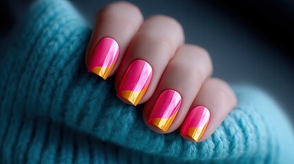 Closeup of Woman's Hand with Pink and Gold Ombre Nails on Teal Knitted Fabric