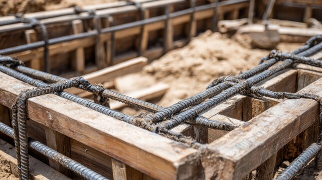 Wooden Formwork for Concrete Foundation with Steel Reinforcement - Powered by Adobe