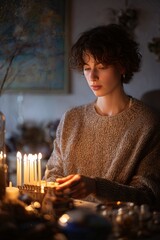 Young woman in cozy sweater reflects peacefully beside candlelit table at dusk