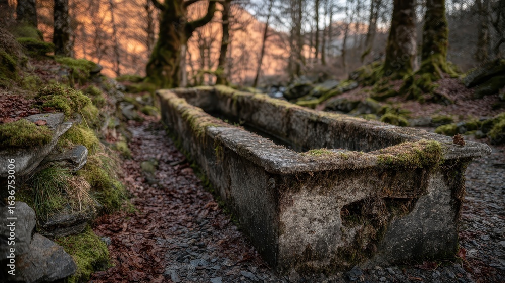 Poster old stone trough surrounded by moss and trees in natural setting