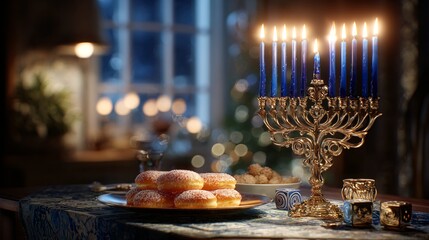 Obraz premium Decorative Menorah and Traditional Doughnuts on a Festive Table during Hanukkah
