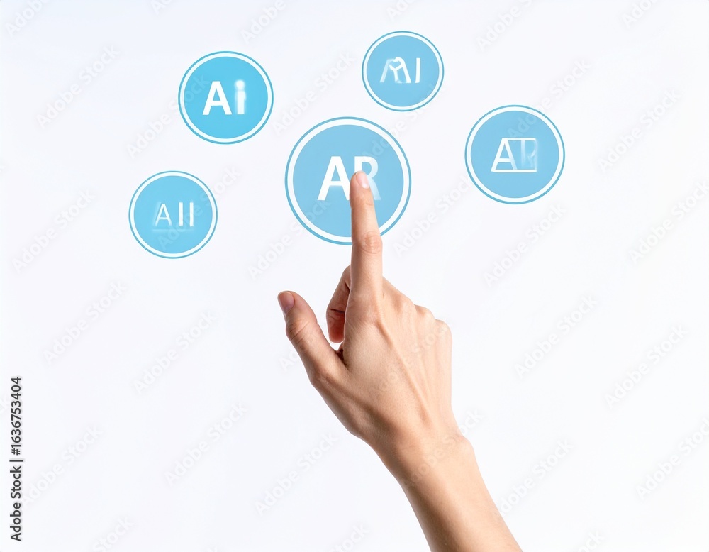 Poster a person's finger presses a virtual button for 'ar' (augmented reality) on a futuristic touchscreen 