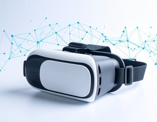 A virtual reality headset with a futuristic digital network overlay in the background, symbolizing immersive technology and connectivity.