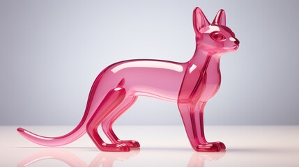Pink transparent cat figurine on a reflective surface, modern 