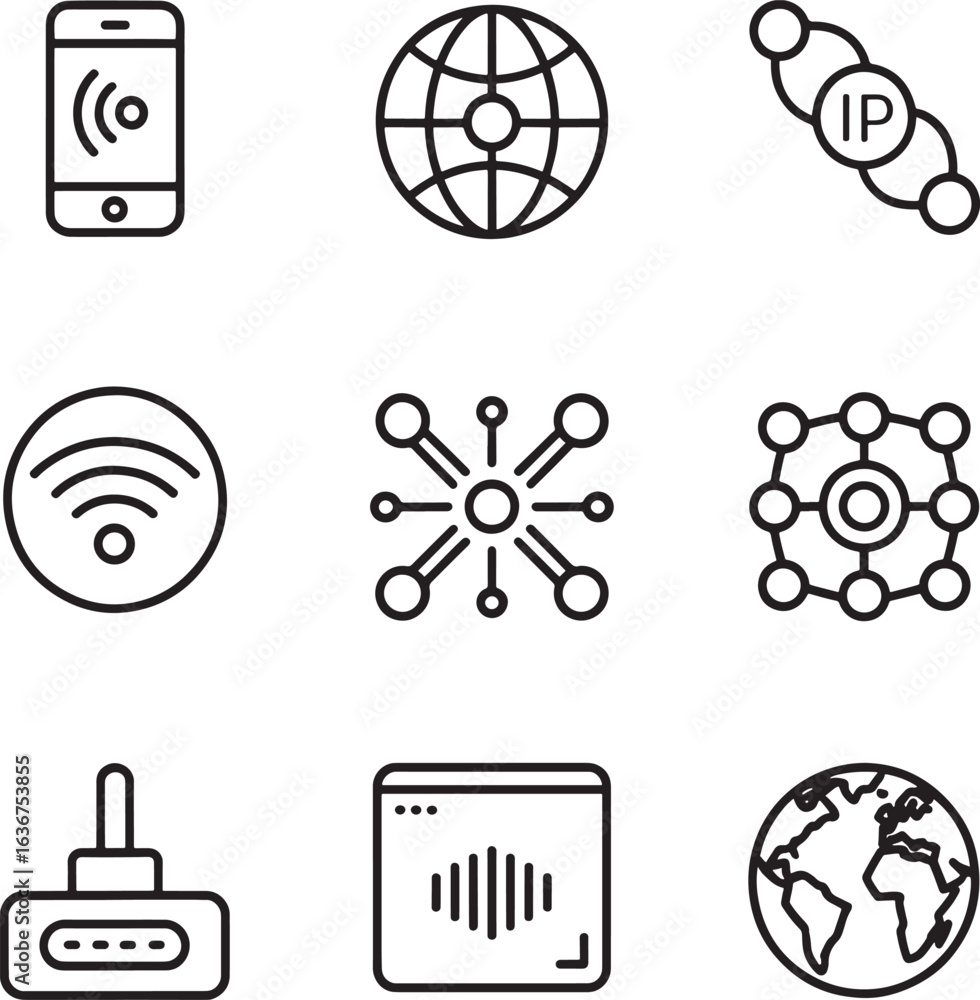 Poster collection of modern technology icons depicting smartphone internet wi fi network and global connect