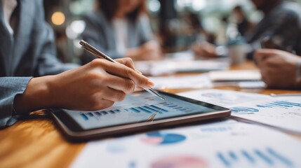 Business Team Analyzes Data, Reviews Charts, in Meeting, Office, for Strategic Decisions