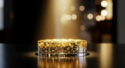 Radiant Gold Leaf Suspended in a Crystal Podium Under a Warm Spotlight