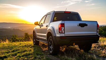 Silver pickup truck at sunset over hills