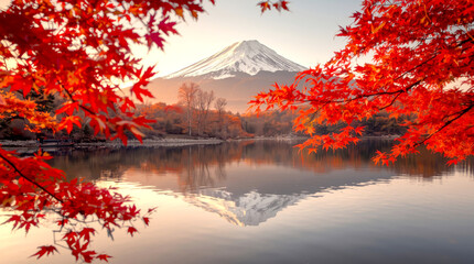 Colorful Autumn Season and Mountain Fuji with morning fog and red leaves at lake Kawaguchiko is one of the best places in Japan. Mount Fuji in autumn. The snow-capped mountain stands majestically